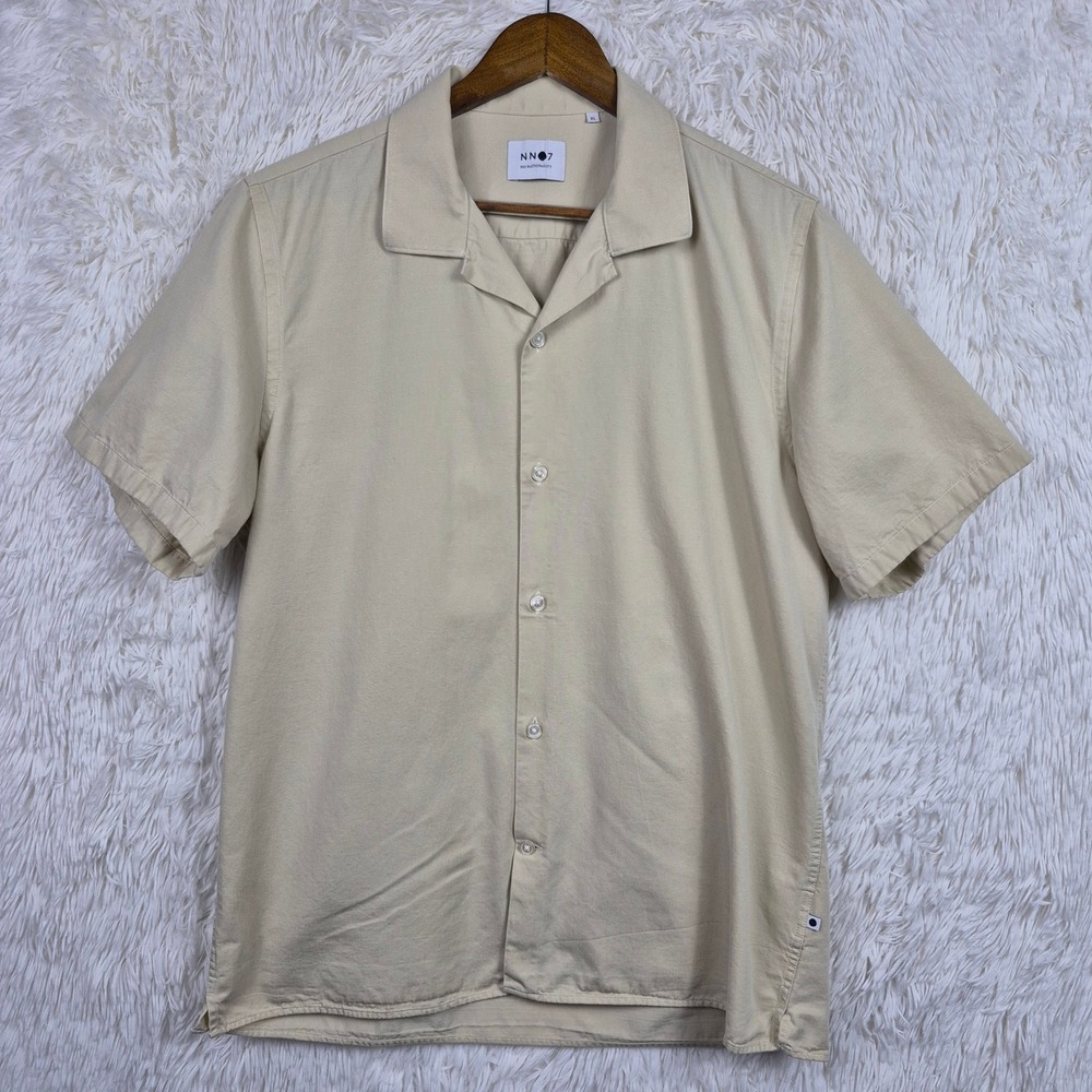 NN07 Miles 5036 Short Sleeve Shirt Beige Tencel Cotton Camp Collar Mens XL
